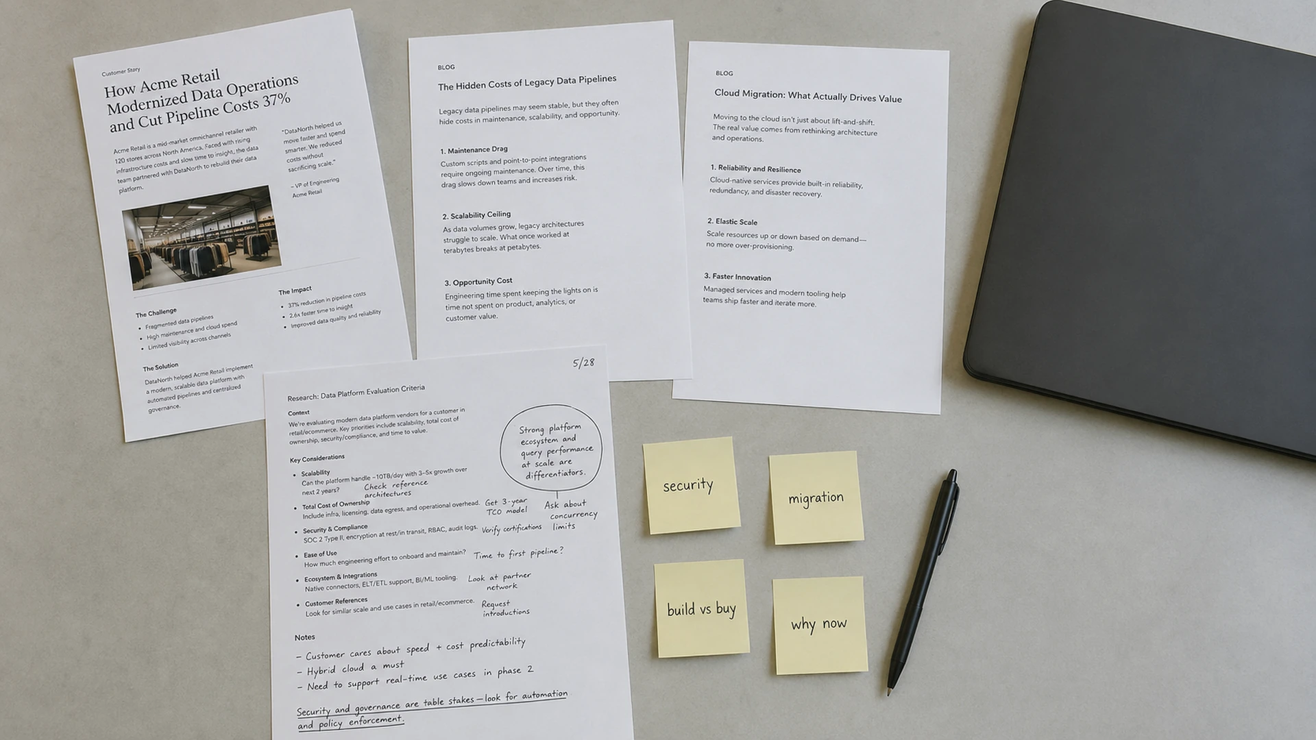 Overhead of a research table: printed case study, annotated blog printout, sticky notes with objection labels, closed laptop. Daylight.